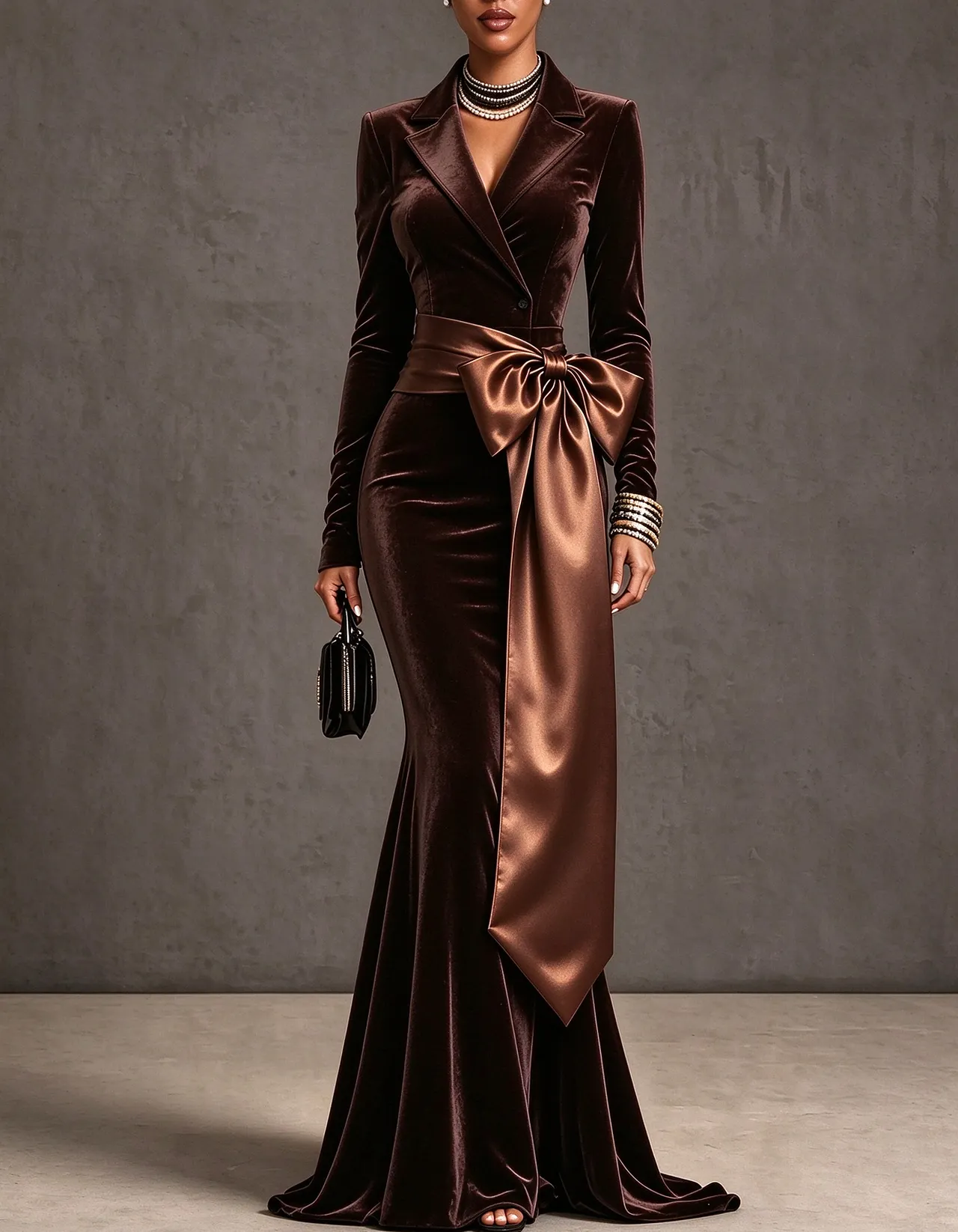 Velvet Satin Bow Waist Mermaid Maxi Dress