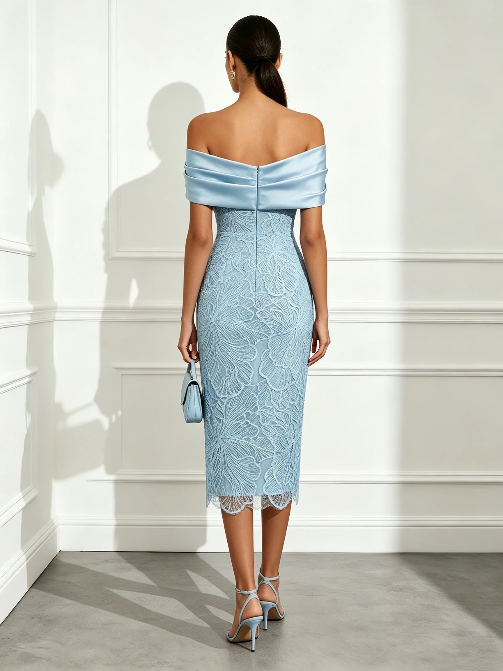Light Blue Lace Off The Shoulder Sleeveless Sheath Midi Dress