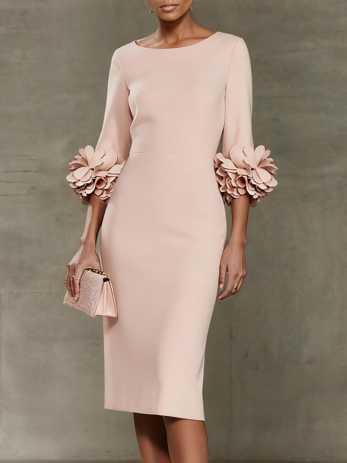 Light Pink 3D Floral Classic Crew Neck Half Sleeve Sheath Midi Dress