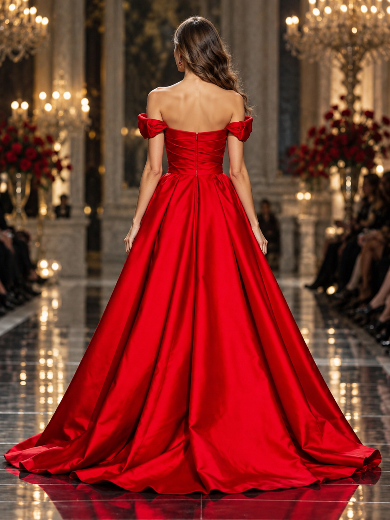 Red Off Shoulder Satin Ball Gown Formal Evening Dress