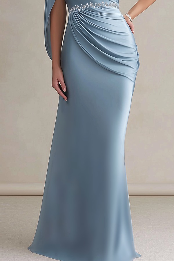 Formal Evening Dress Blue V Neck Belted Maxi Dress