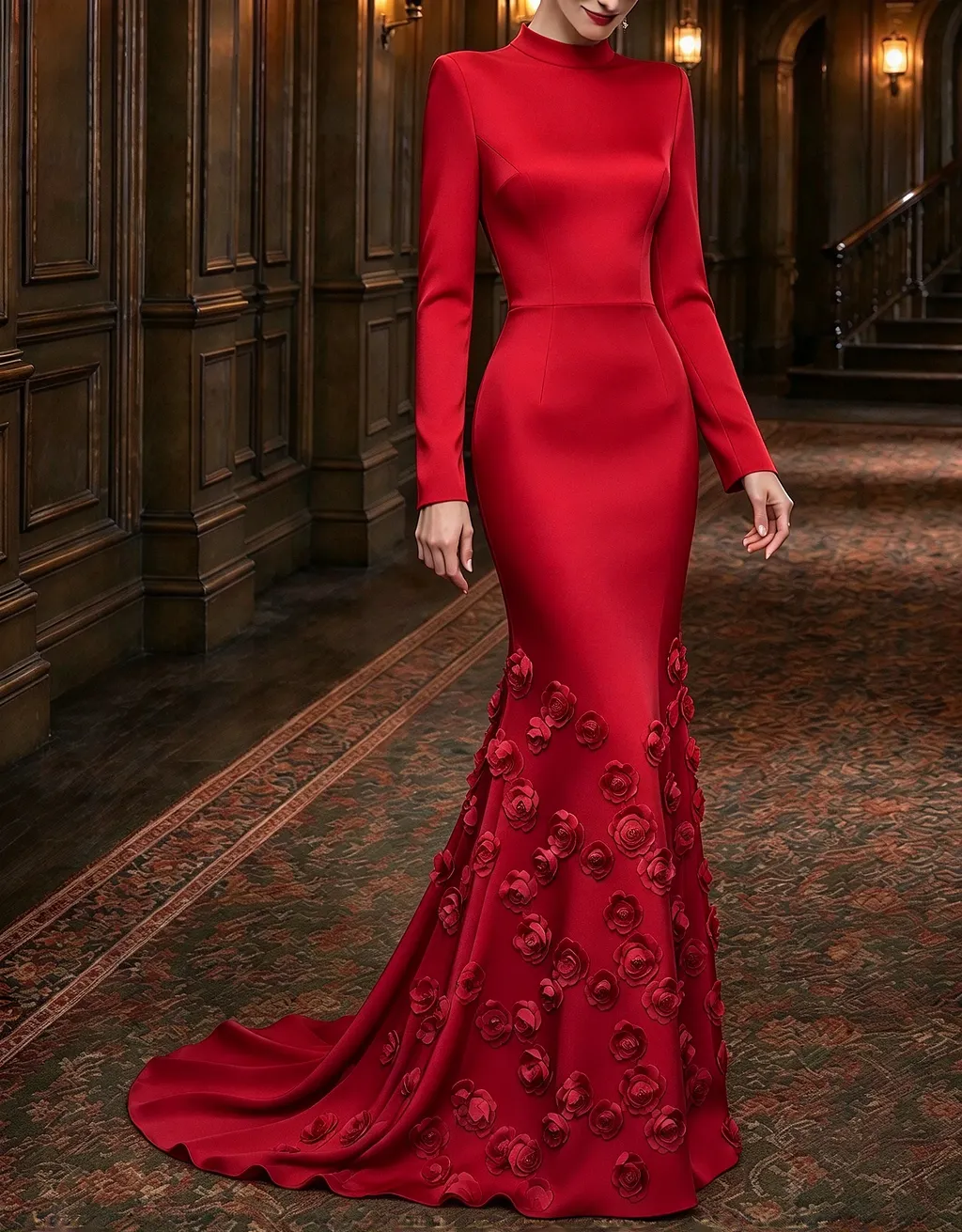 High Neck Long Sleeve Satin 3D Floral Mermaid Evening Maxi Dress