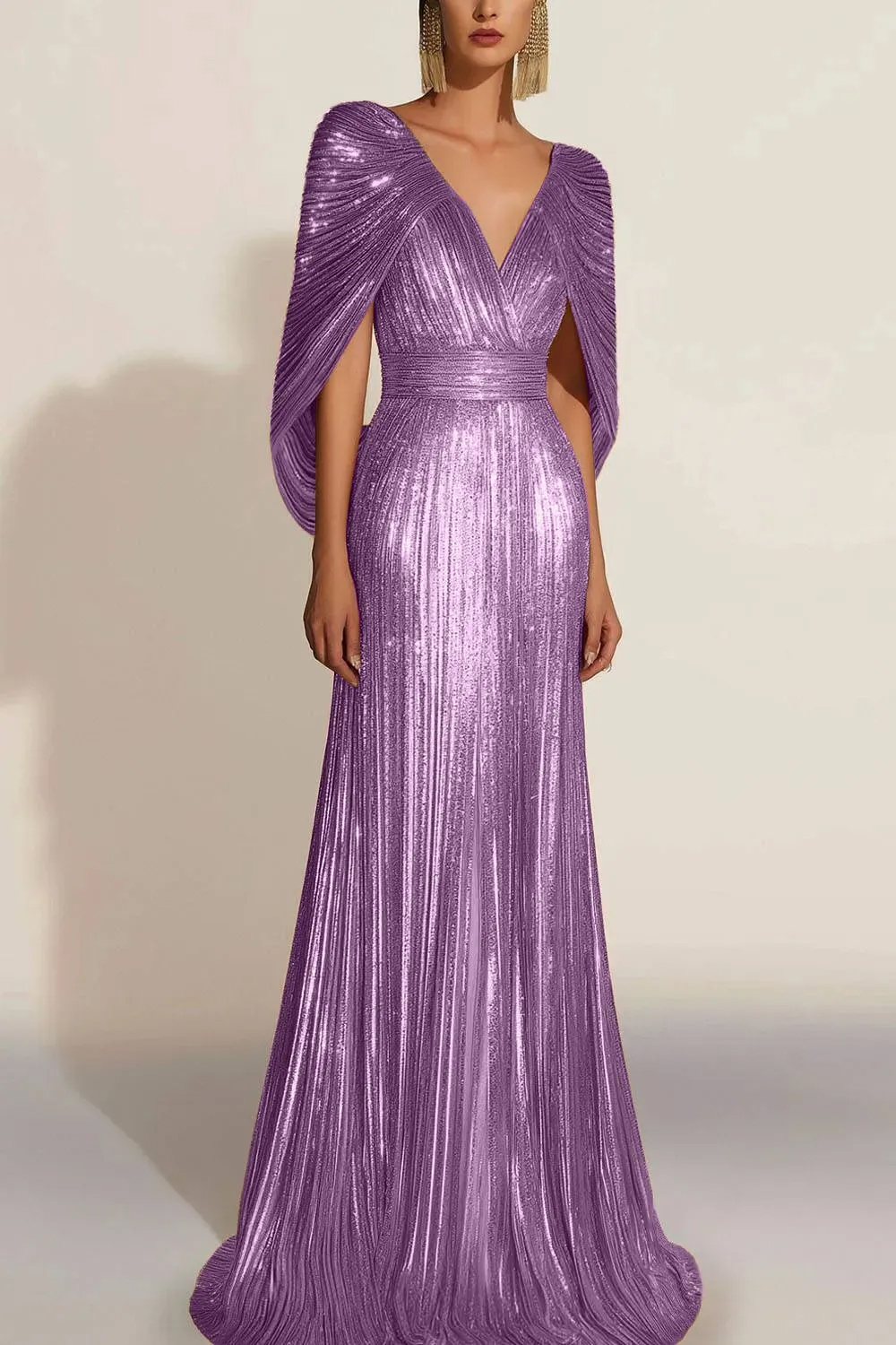 Formal Evening Fringe Dress Gold Cape V-neck Floor-length Gown