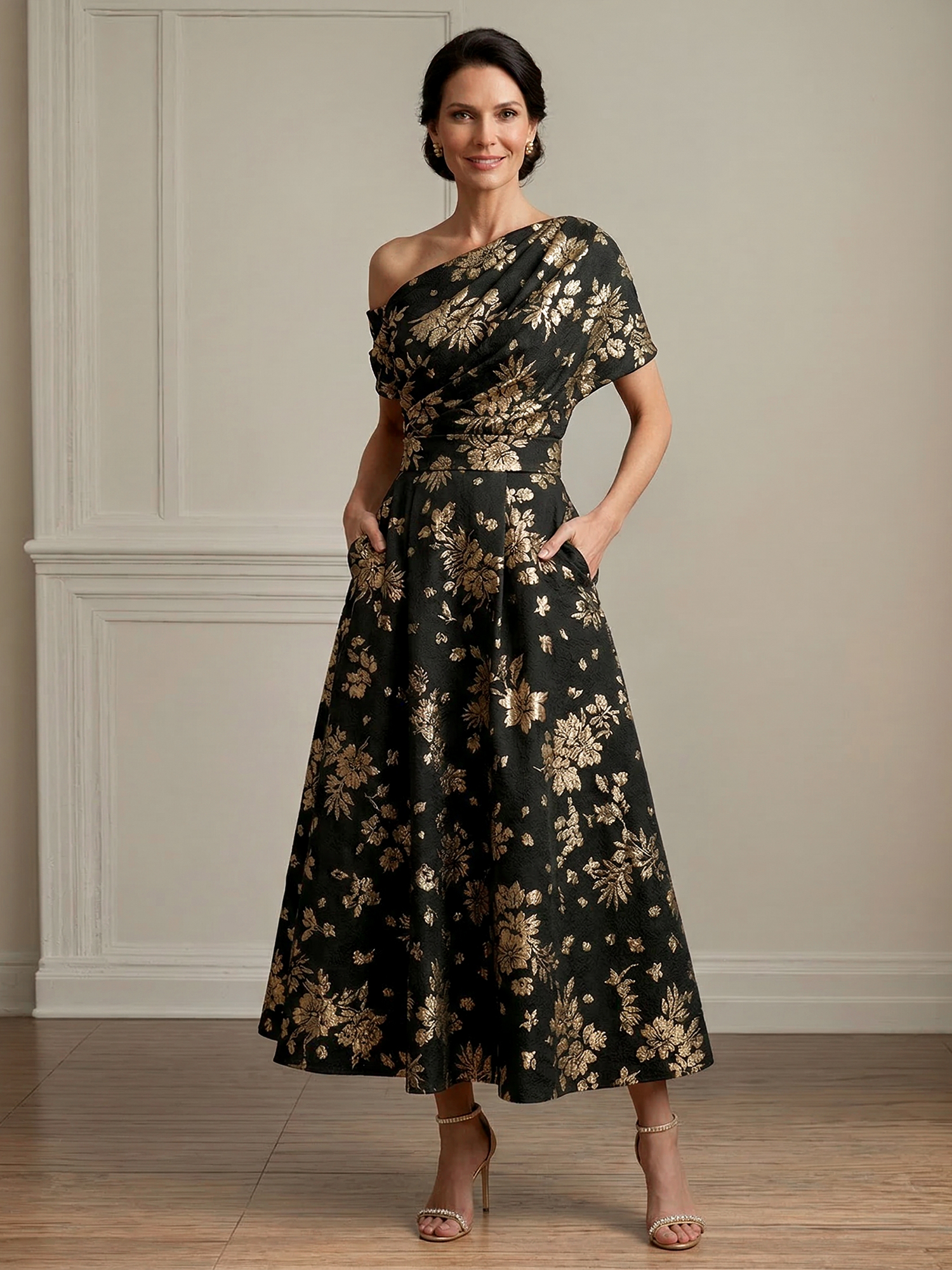 Black Floral Asymmetrical Neck A-Line Mother of the Bride Gown
