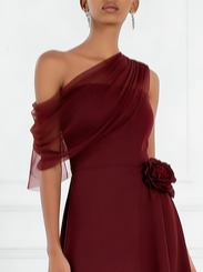 Burgundy 3D Floral Chiffon One Shoulder Sleeveless A-Line Midi Dress
