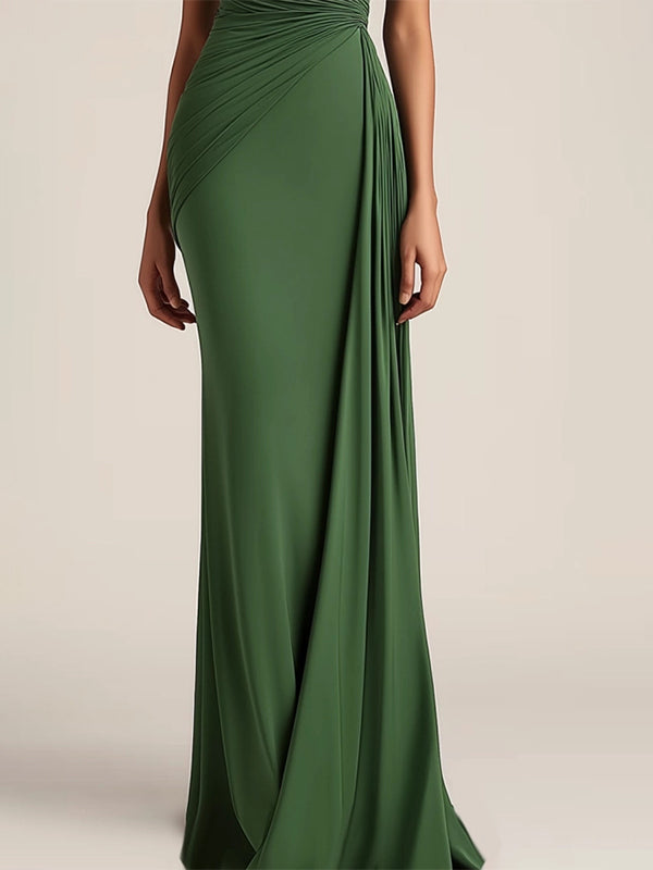 Formal Evening Dress Green One-Shoulder Ruched Floor-Length Dress