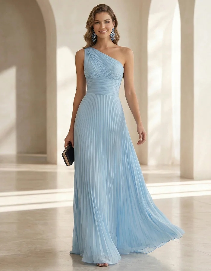 Ice Blue Off Shoulder Cinched Waist Pleated Fishtail Maxi Dress