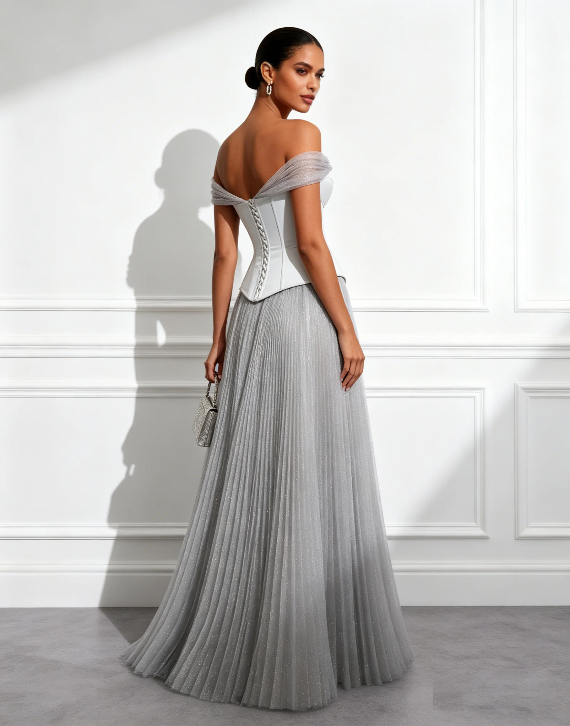Light Gray Ruched Pleated Tulle Off The Shoulder Short Sleeve A-Line Floor Length Dress