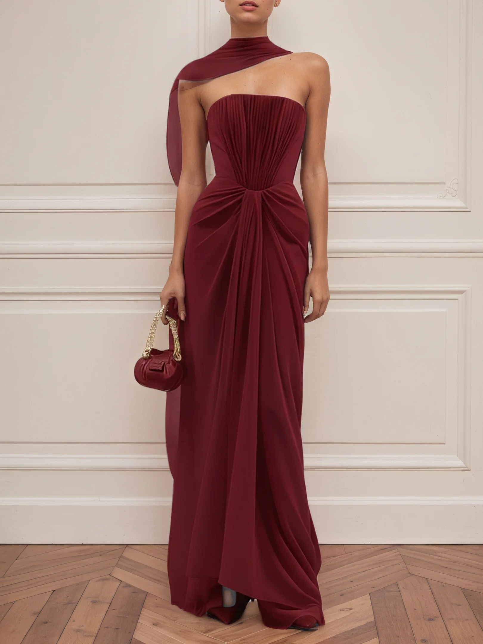 Burgundy Pleated Classic Strapless Sleeveless Sheath Gown Dress