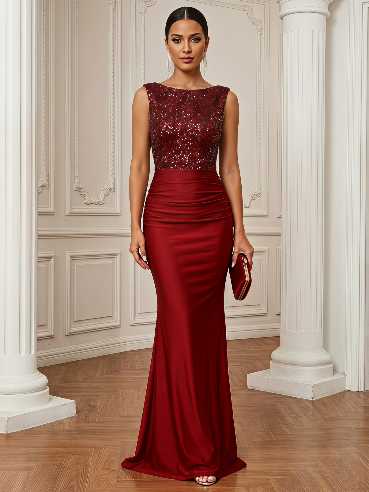 Wine Red Ruched Sequin Boat Neck Sleeveless Mermaid Floor-length Gown Dress