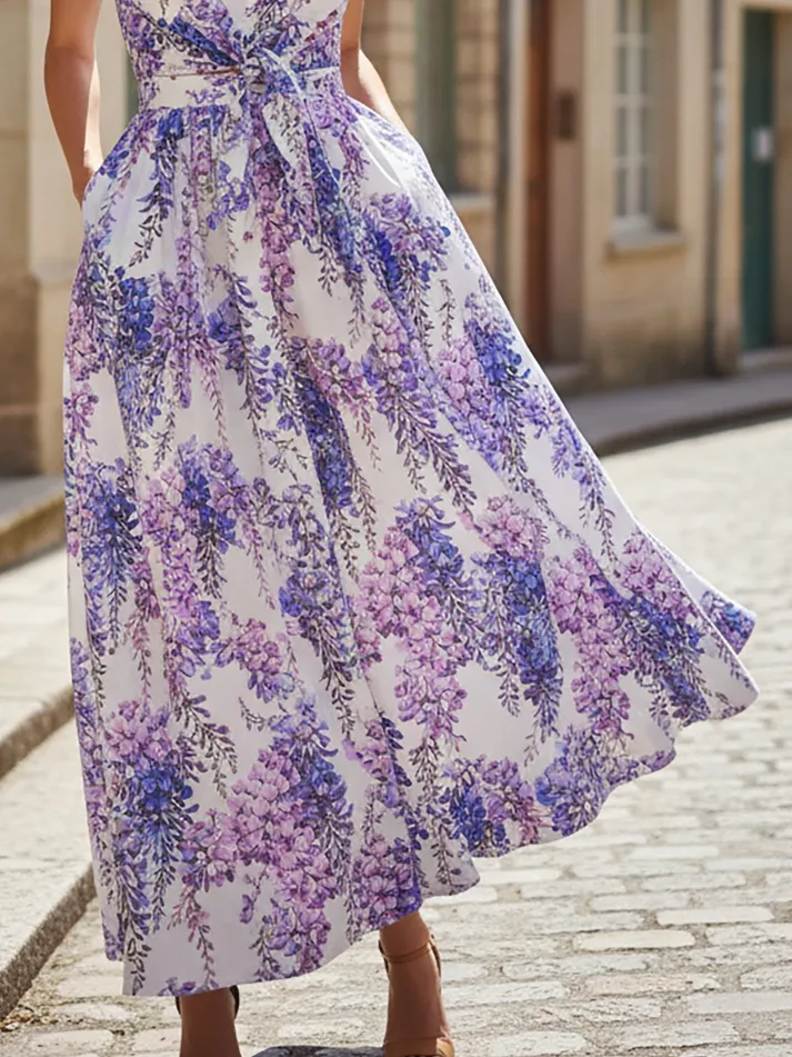 Maxi Linen Dress, Sleeveless, Shawl Collar, Floral, Vintage, Purple