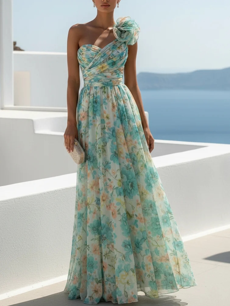 Lightgreen Floral 3D Floral Chiffon One Shoulder Sleeveless A-Line Floor-length Gown Dress