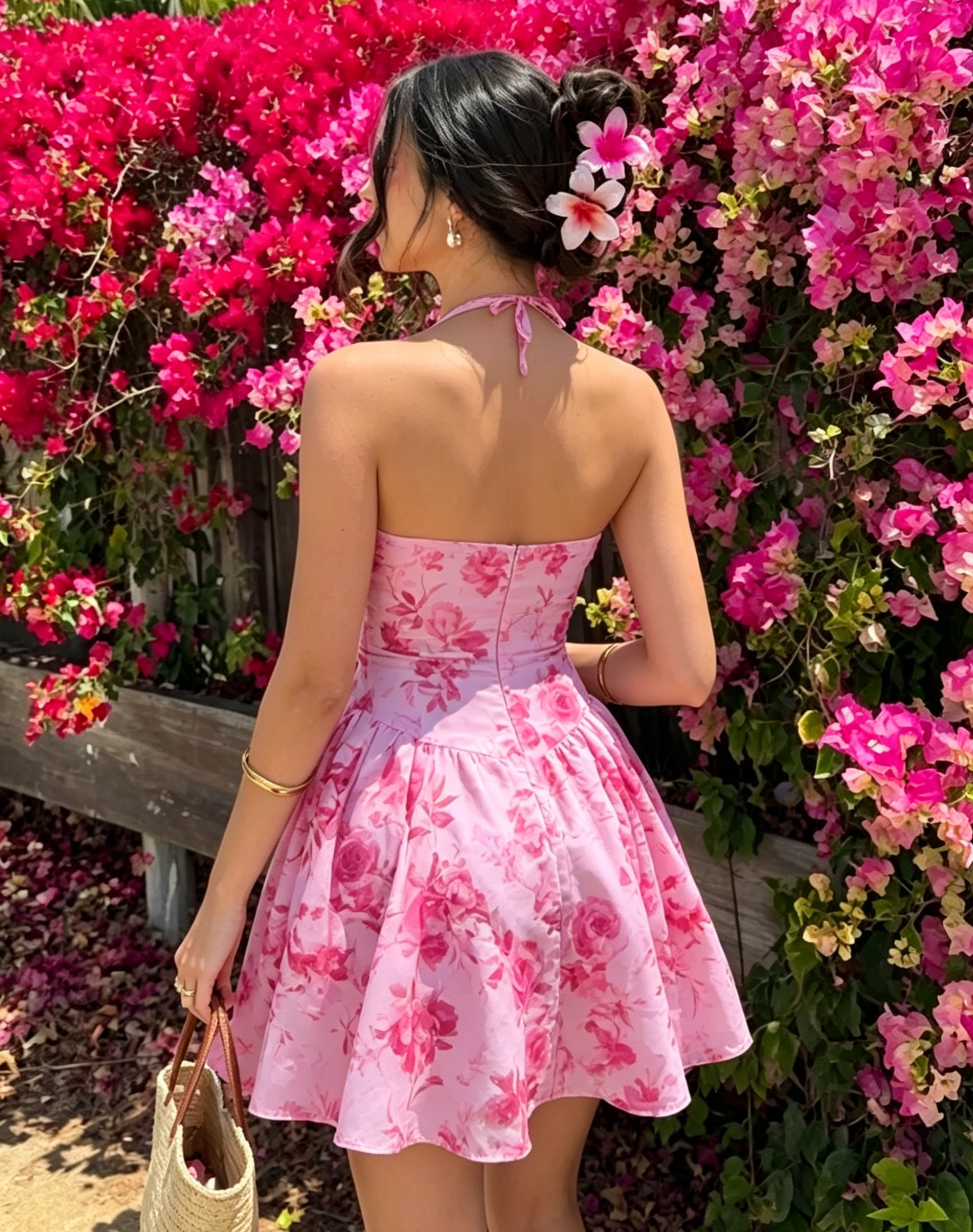 Pink Floral Halter Mini Dress Front Button Flowy Swing Skirt