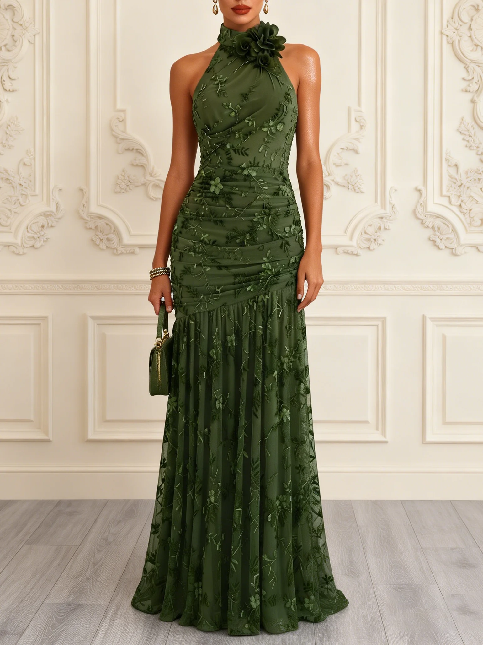 Army Green 3D Floral Flocked Classic Halter Neck Sleeveless A-Line Gown Dress