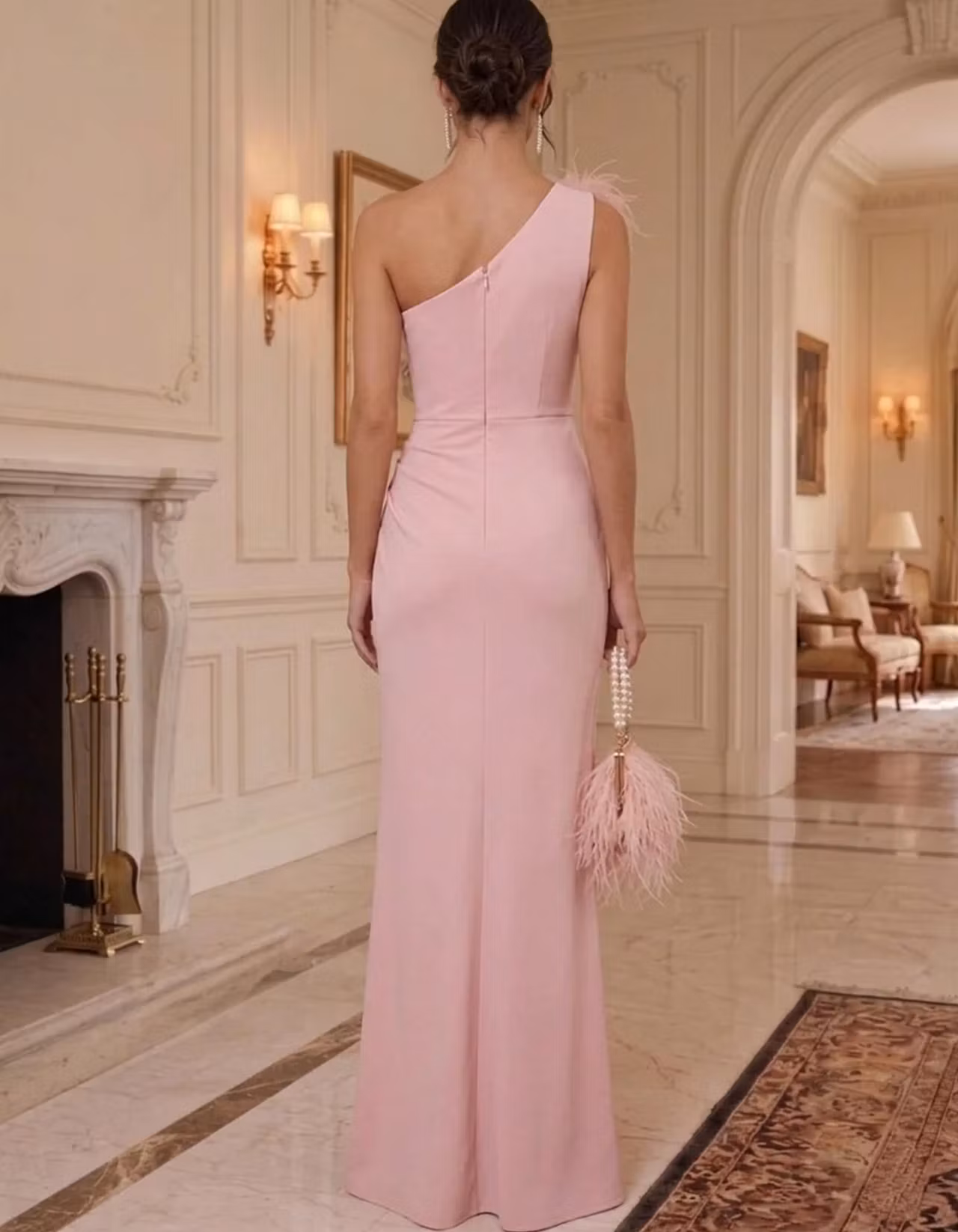Light Pink One Shoulder Feather Slit Maxi Dress