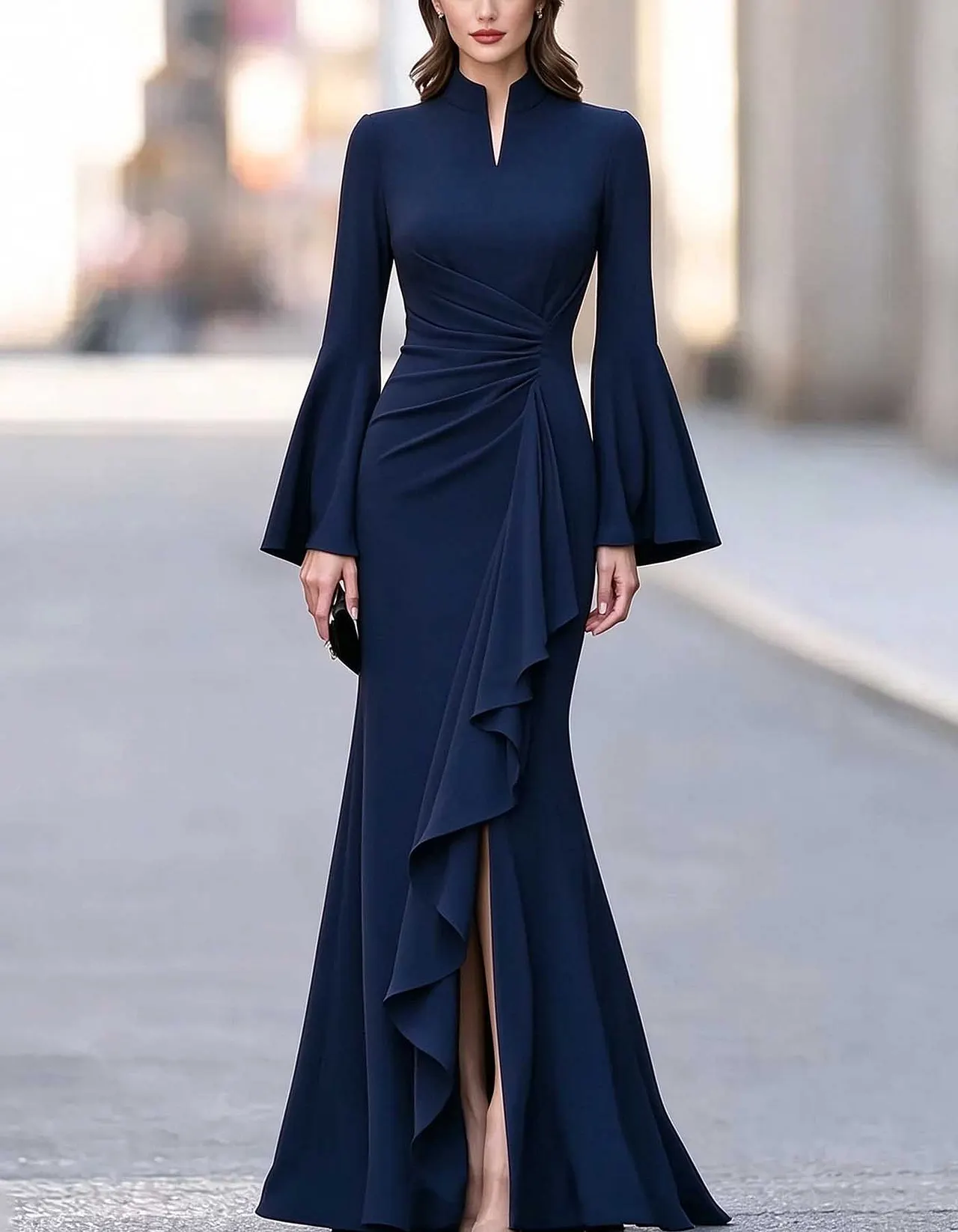 High Neck Flare Sleeve Ruffled Slit Mermaid Maxi Dress