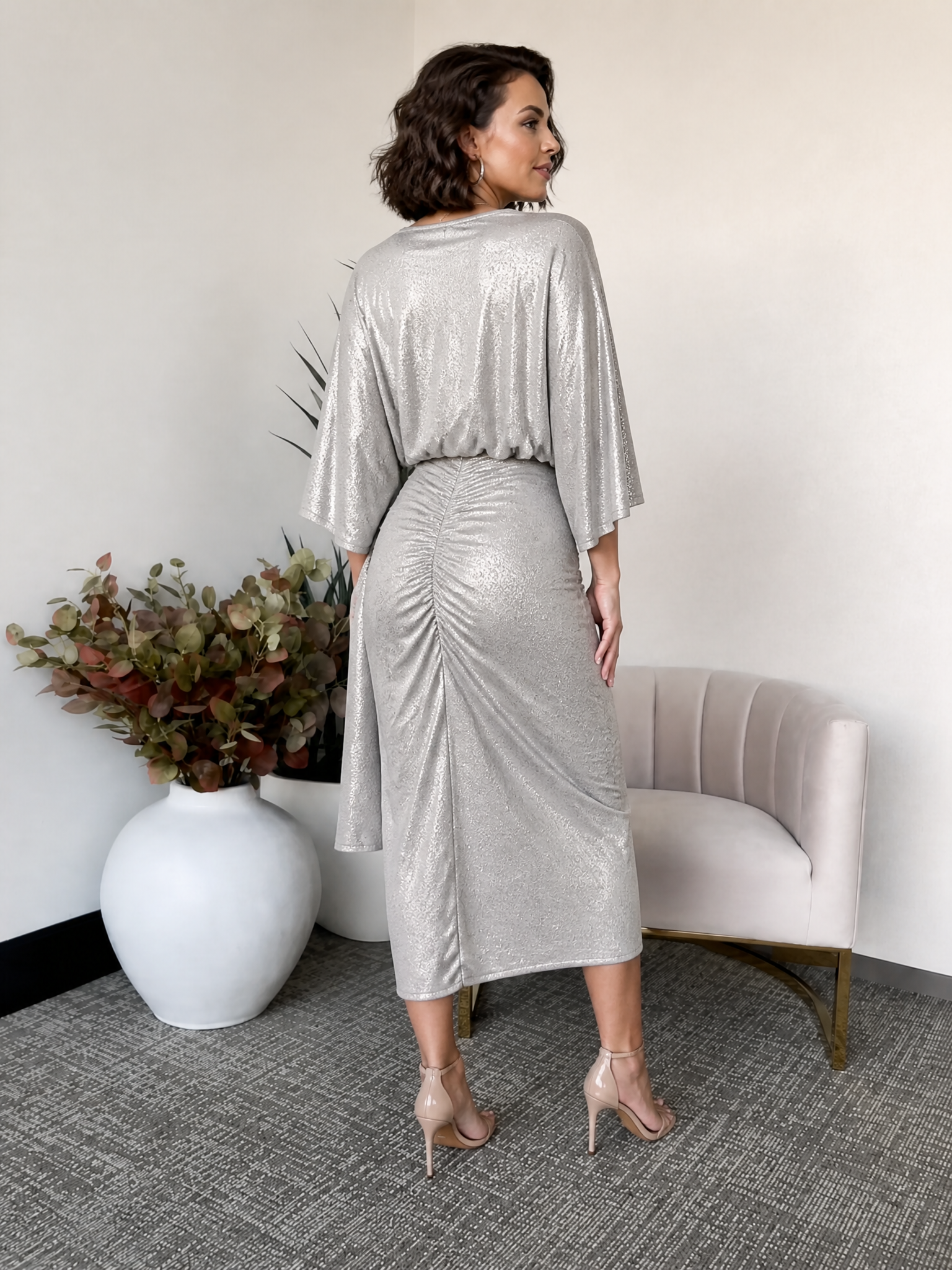 Silver Glitter Batwing Sleeve Ruched Midi Cocktail Dress