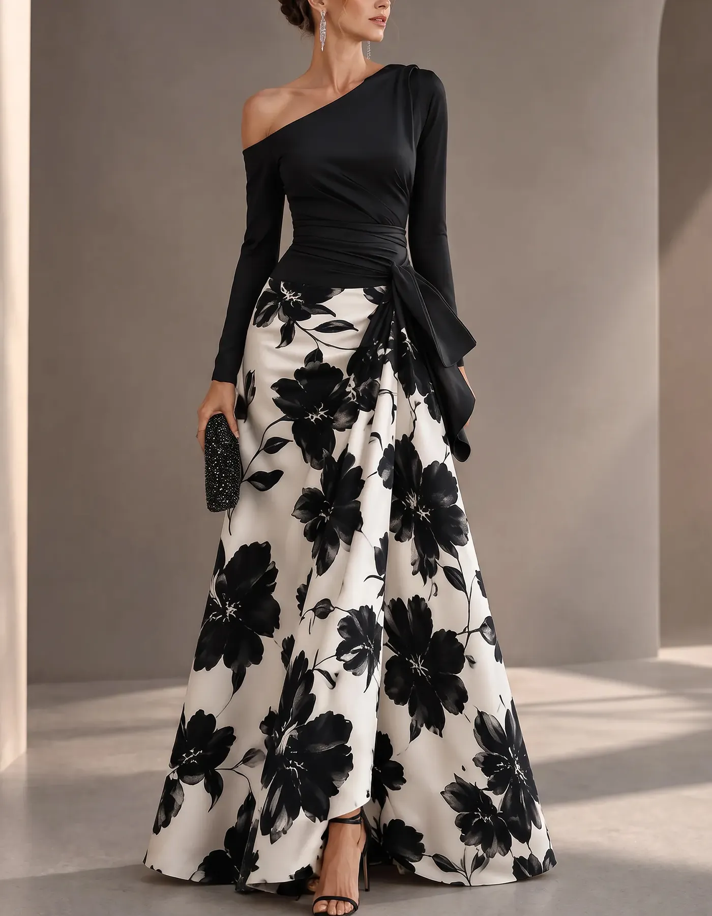 Black White Floral Satin One Shoulder A Line Maxi Dress
