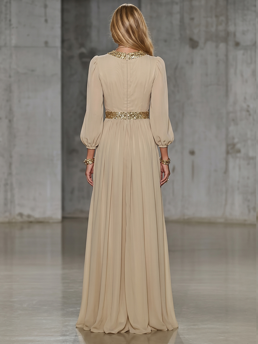 Elegant Beige Chiffon V-neck With Sequins Embellishments And A Side Slit Maxi Dress