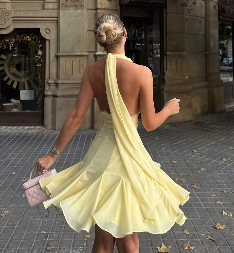 Light Yellow Halter Deep V Mini Dress Lace Waist Open Back Flowy Skirt