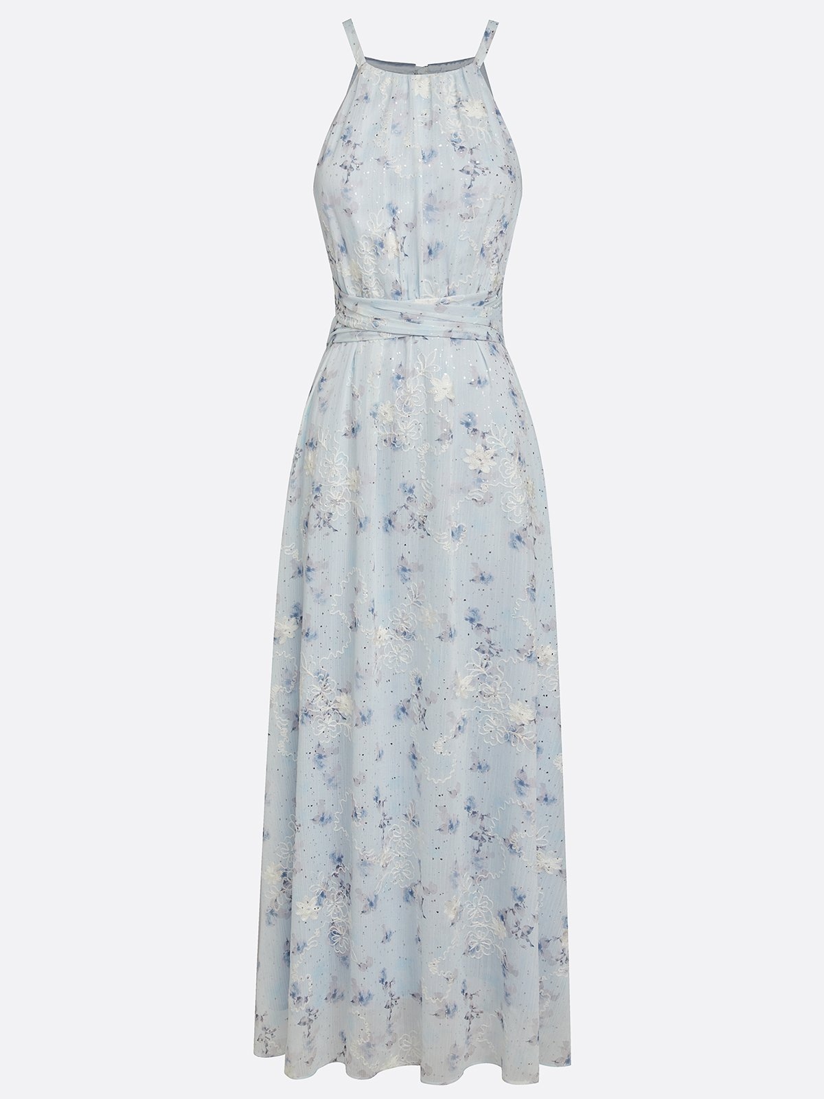 Light Blue Stamped Bronzing Jacquard Floral Chiffon Halter Sleeveless A-Line Maxi Dress