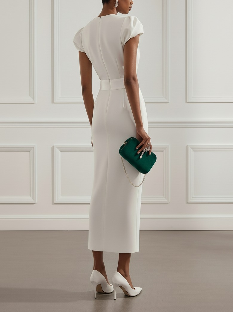 White Ruched Classic Notched Short Sleeve Puff Sleeve Sheath Midi Dress