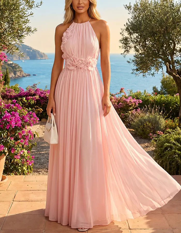 Light Pink 3D Flower Waist Pleated Chiffon Maxi Dress