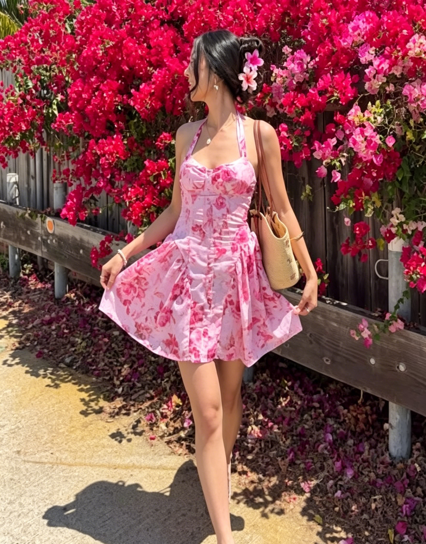 Pink Floral Halter Mini Dress Front Button Flowy Swing Skirt