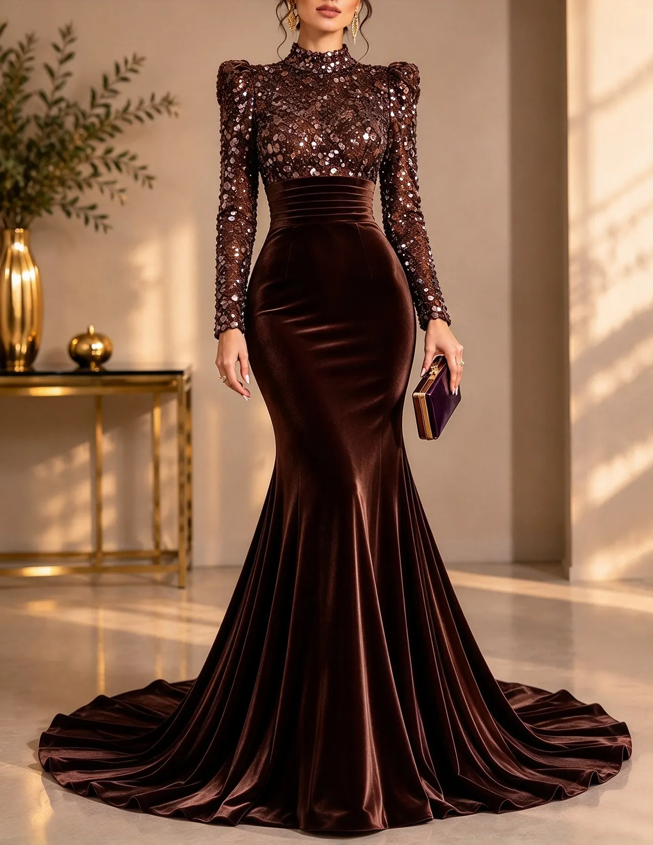 High Neck Heavy Sequin Velvet Mermaid Evening Maxi Dress