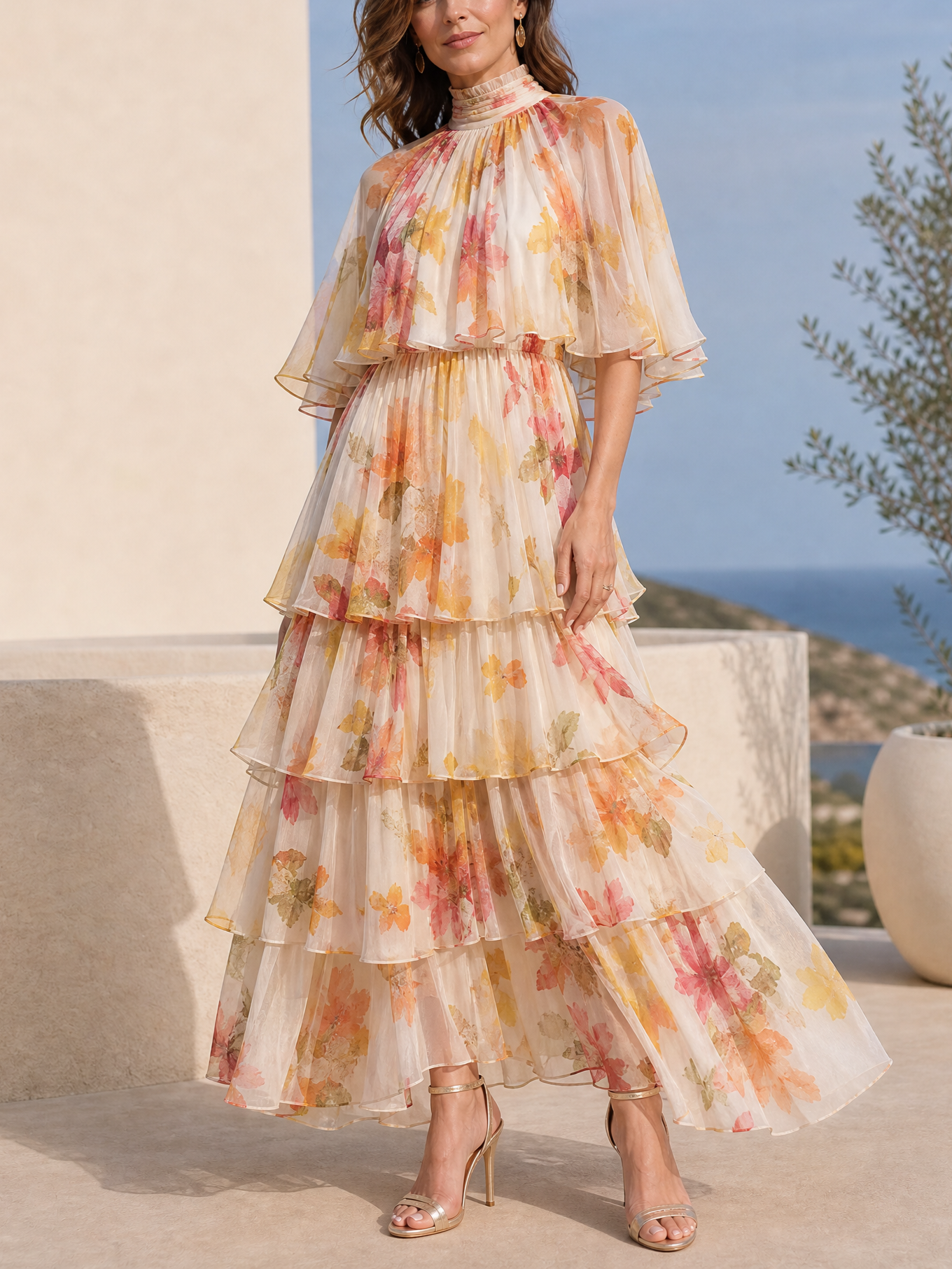 Cream Watercolor Floral High Neck Flutter Sleeve Tiered Chiffon Maxi Dress