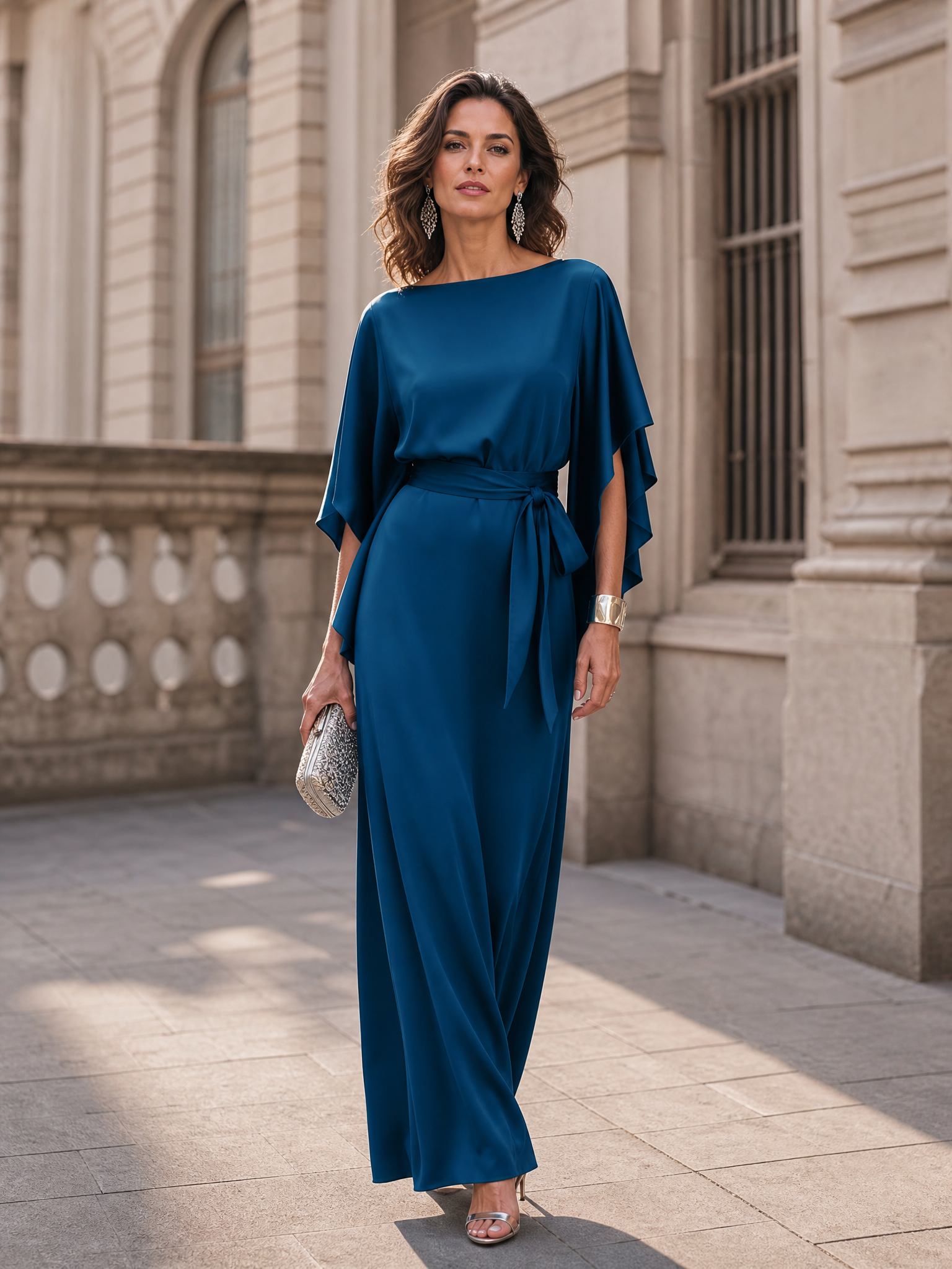 Teal Belted Cape Sleeve Satin Maxi Formal Dress