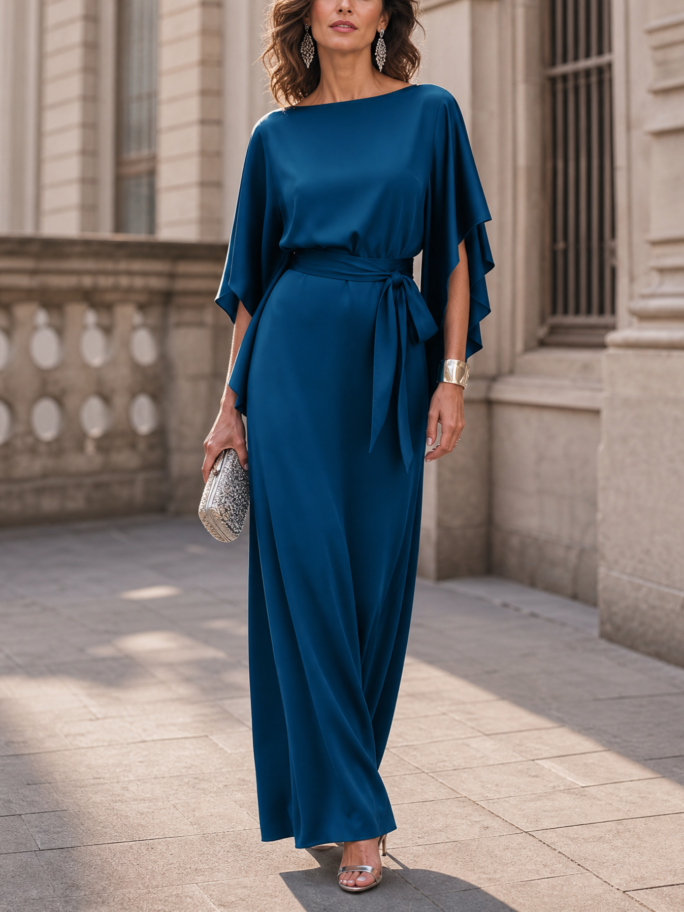 Teal Belted Cape Sleeve Satin Maxi Formal Dress