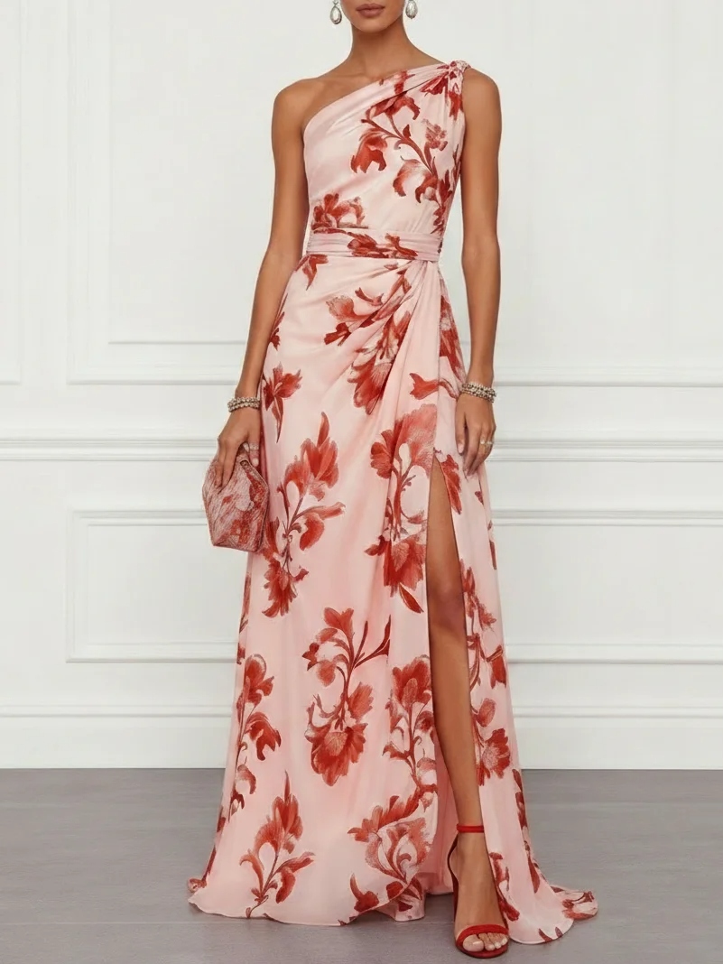 Pink Floral Satin One Shoulder Sleeveless A-Line Floor Length Dress
