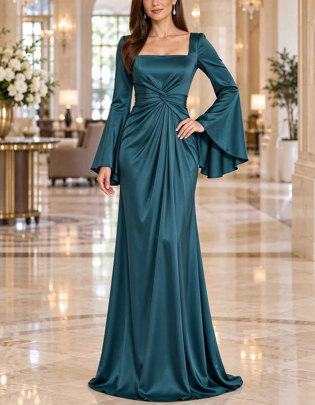 Square Neck Bell Sleeve Satin Mermaid Maxi Dress