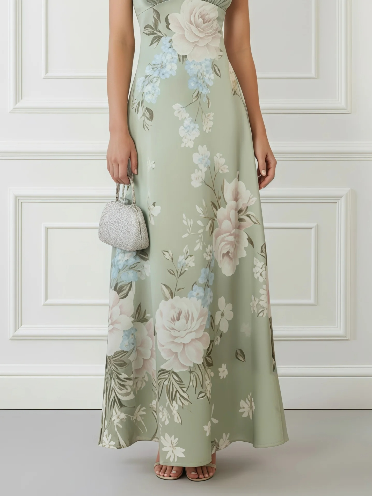 Lightgreen Floral Satin Mock Neck Sleeveless A-Line Maxi Dress