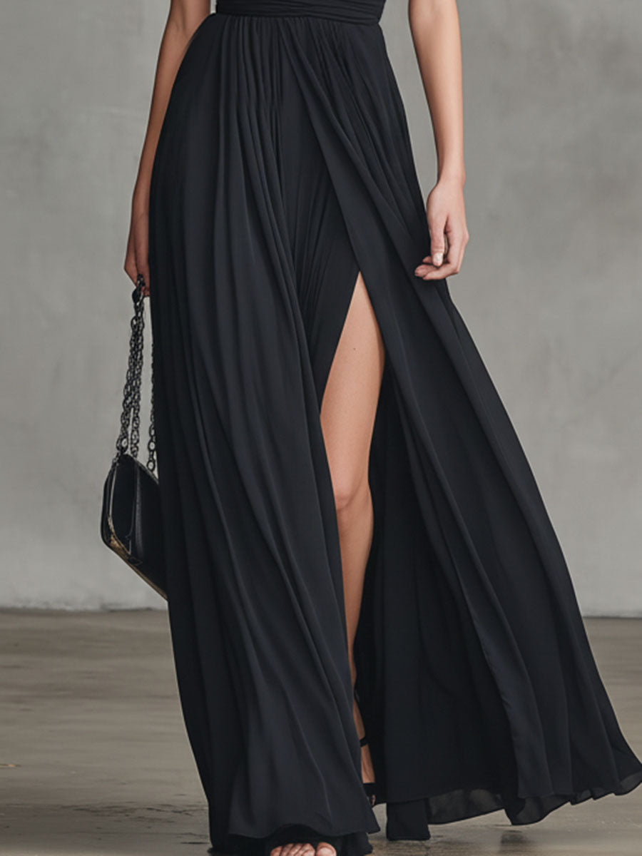 Retro-chic Elegant Cross-neck Sleeveless Slit Chiffon Maxi Dress