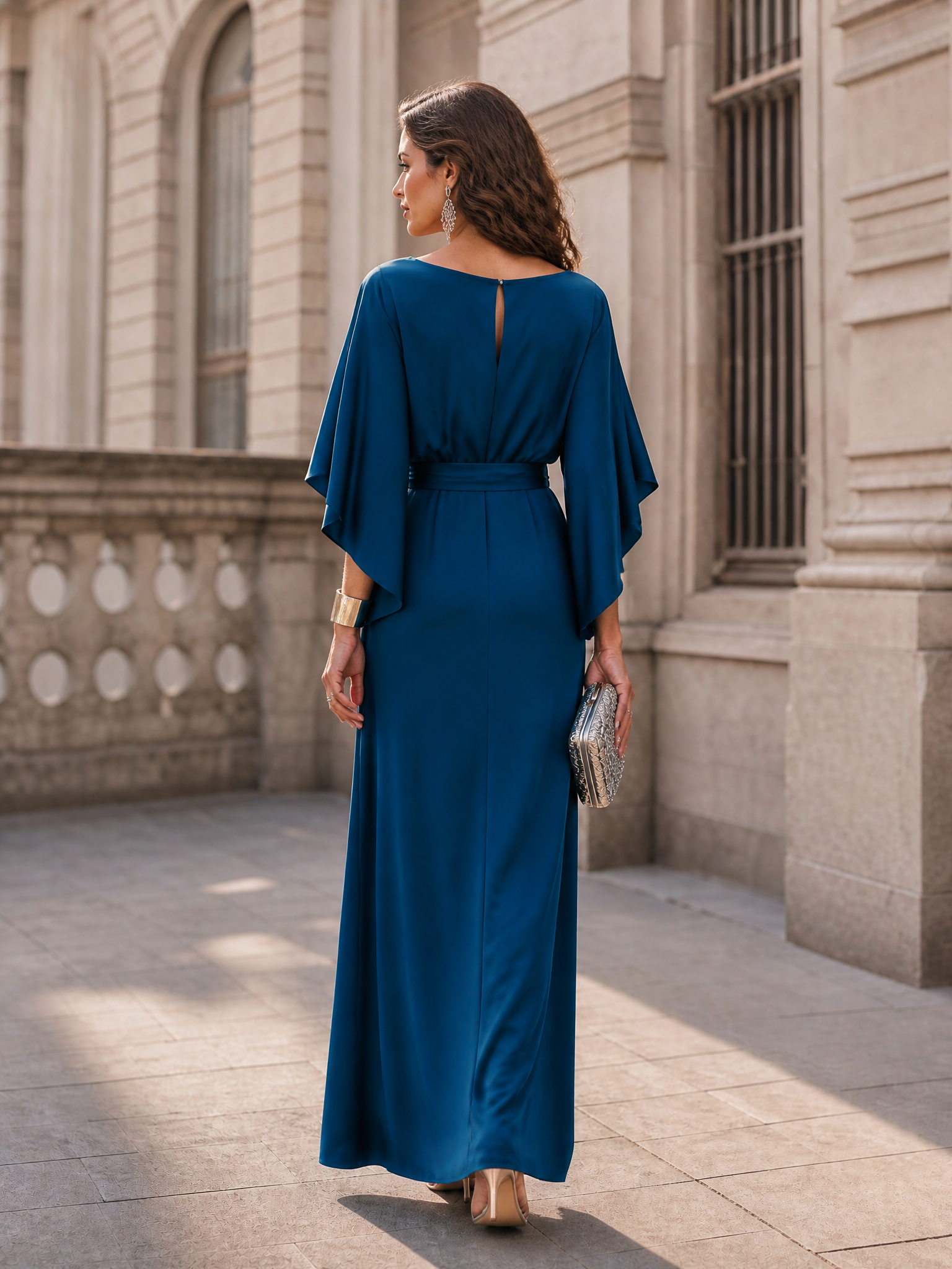Teal Belted Cape Sleeve Satin Maxi Formal Dress