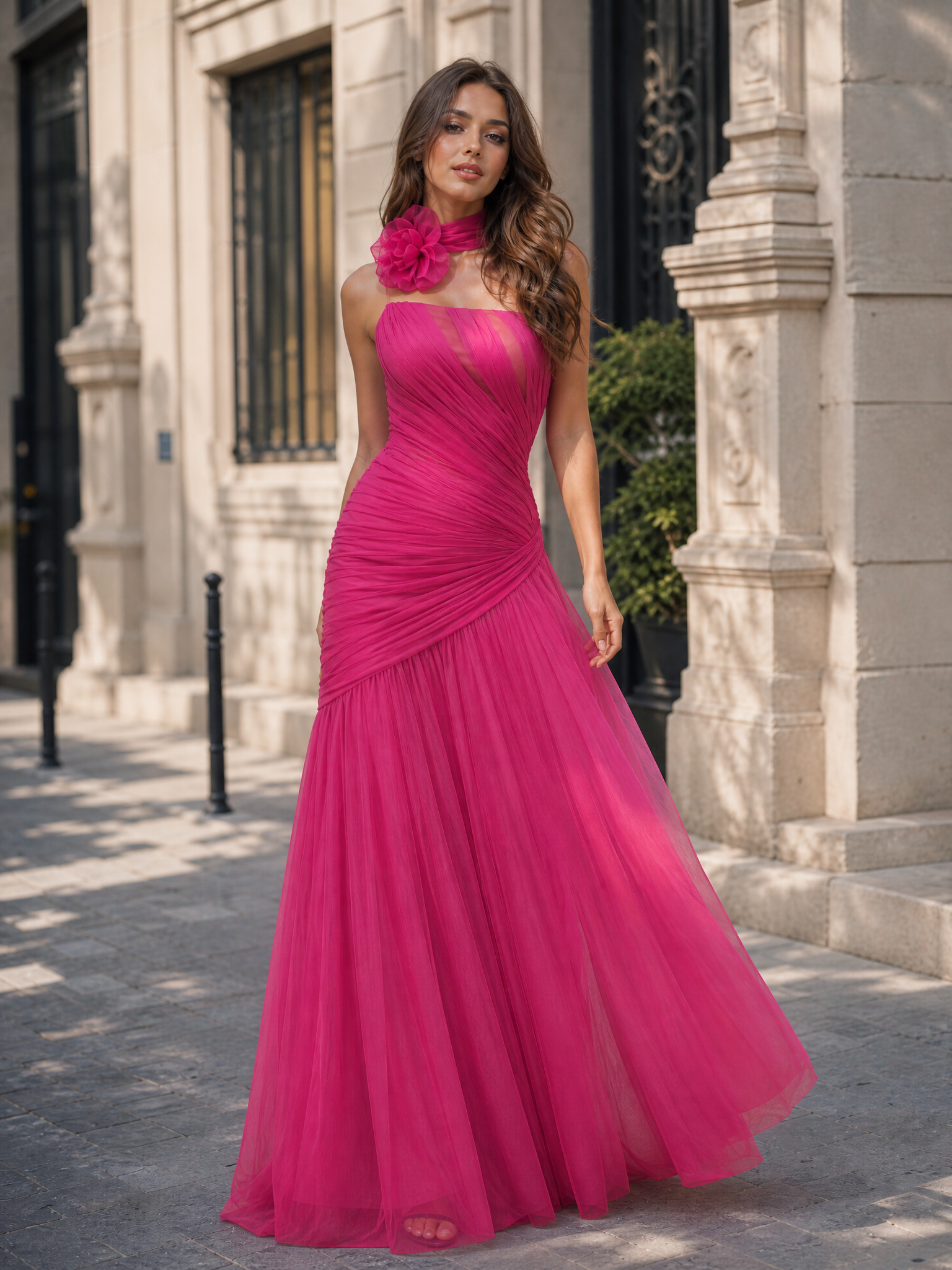 Hot Pink Strapless Ruched Tulle Formal Dress with Floral Choker