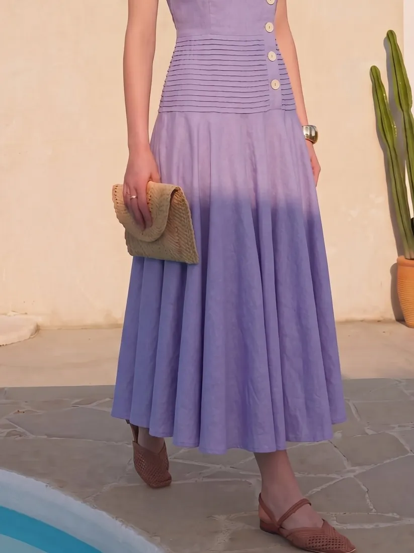 Maxi Linen Dress, Sleeveless, Square Neck, Button Design, French Vintage, Purple