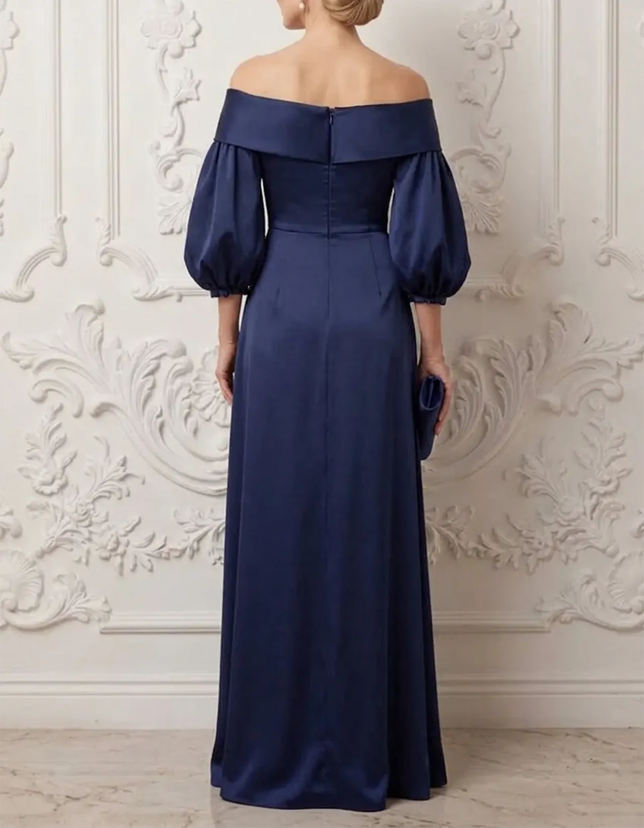 Navy Off-the-Shoulder Satin Maxi Dress