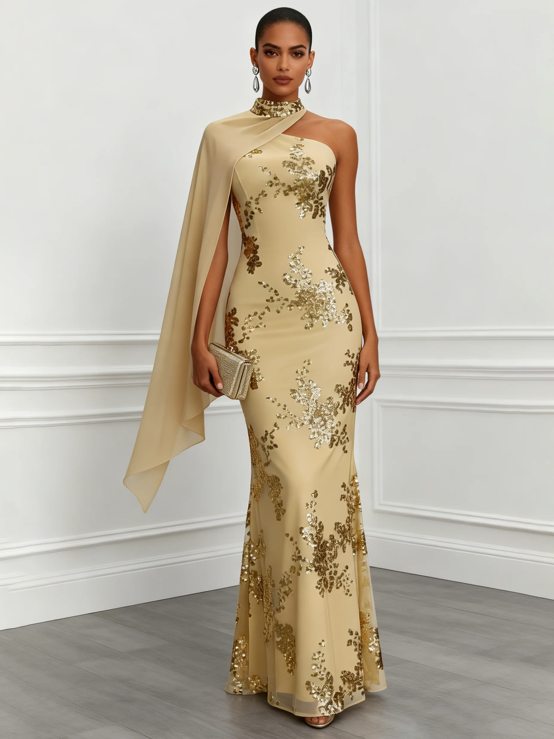 Champagne Glitter Classic One Shoulder Sleeveless Mermaid Floor-length Gown Dress