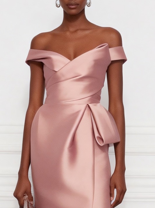 Pink Bow Satin Off The Shoulder Short Sleeve Sheath Midi Dress