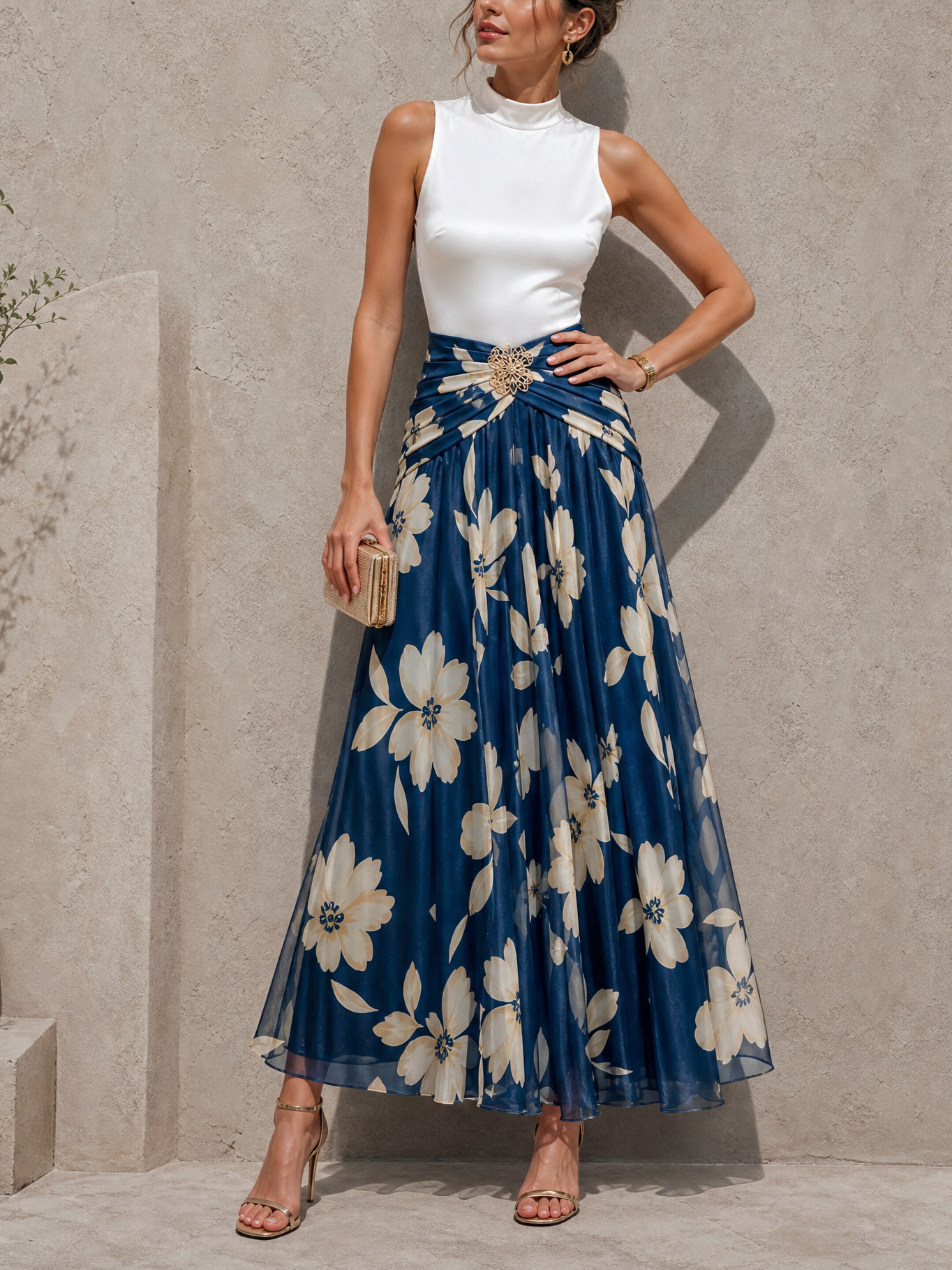 Navy Floral Two Piece Formal Set Satin Top Flowy Maxi Skirt
