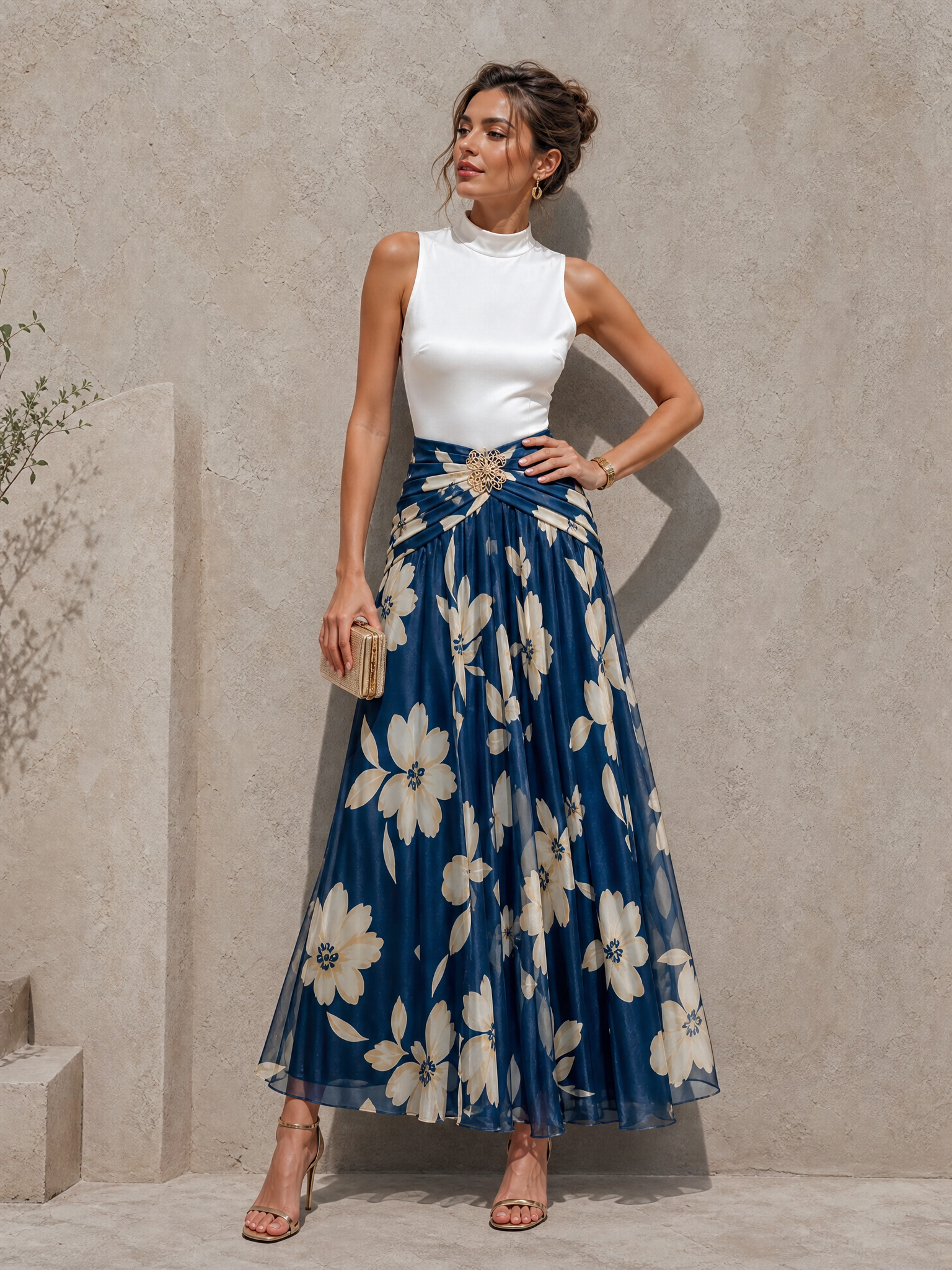 Navy Floral Two Piece Formal Set Satin Top Flowy Maxi Skirt