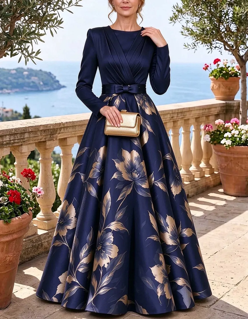 Navy Blue Floral Print Round Neck Long Sleeve Satin Maxi Dress