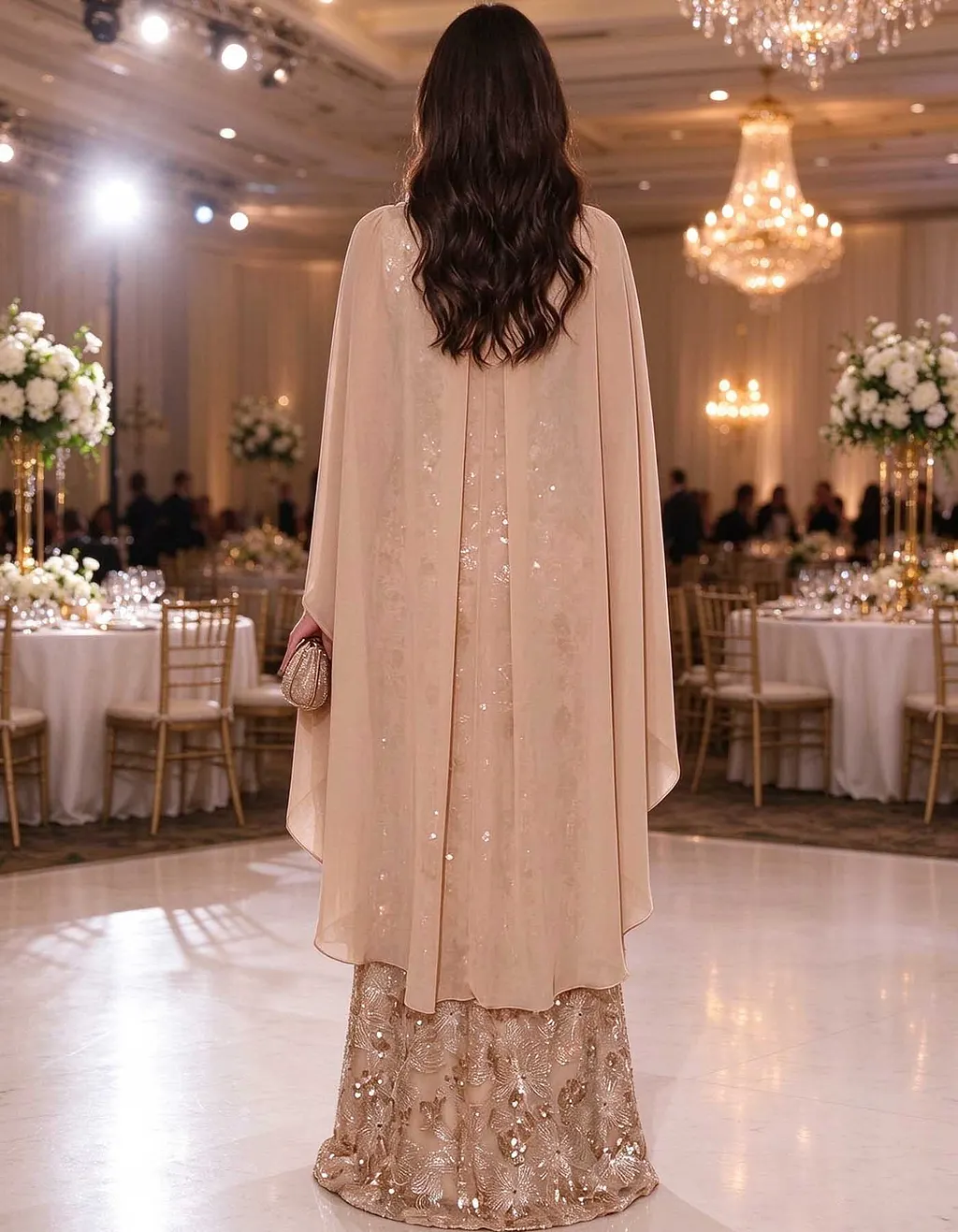Round Neck Sequin Floral Lace Chiffon Cape Maxi Dress