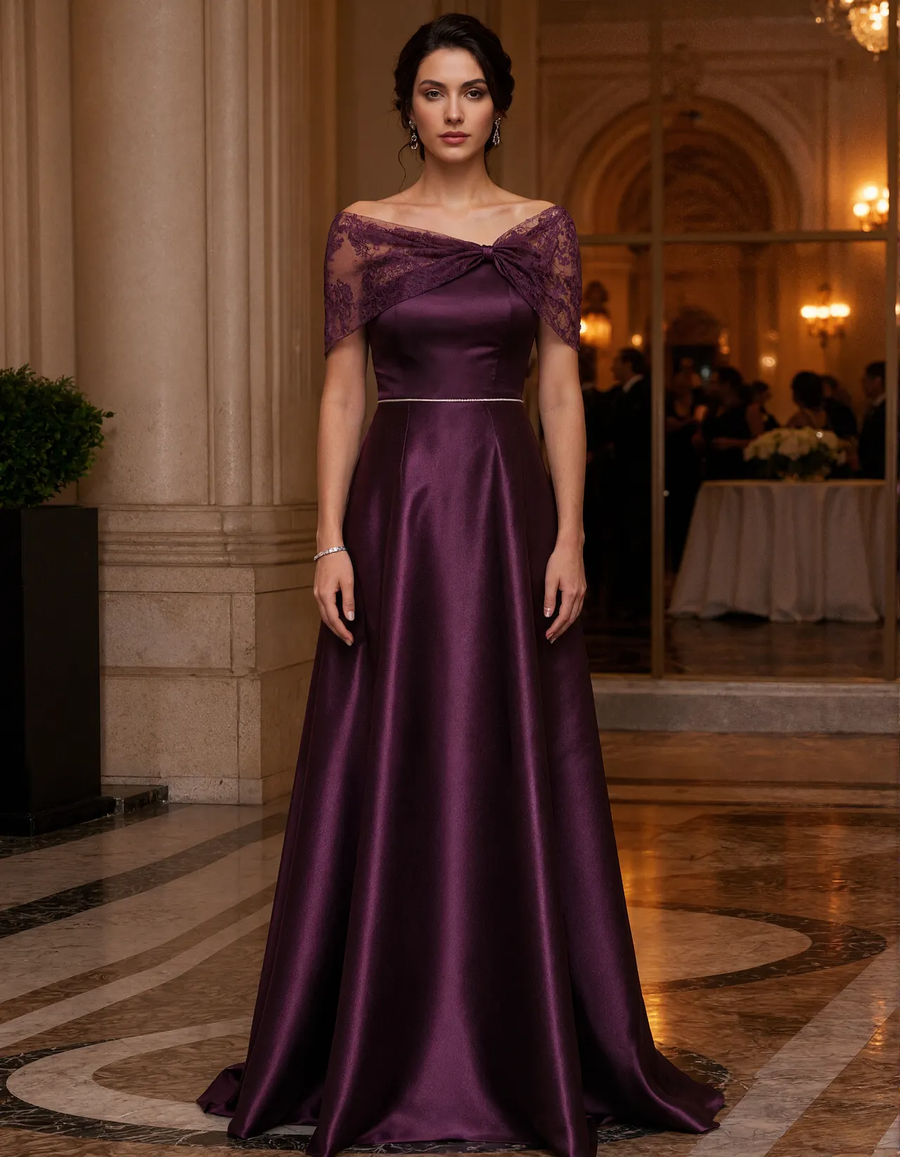Purple Off The Shoulder Satin With Lace Paneling Maxi Dress