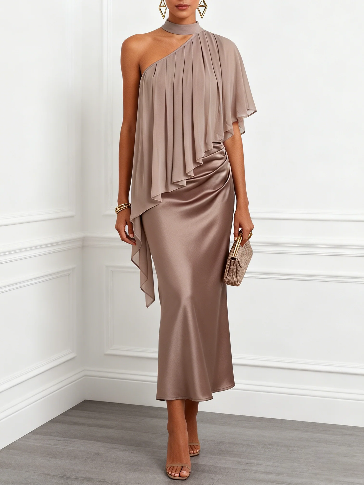 Brown Ruched Satin Halter Neck Sleeveless Mermaid Midi Dress