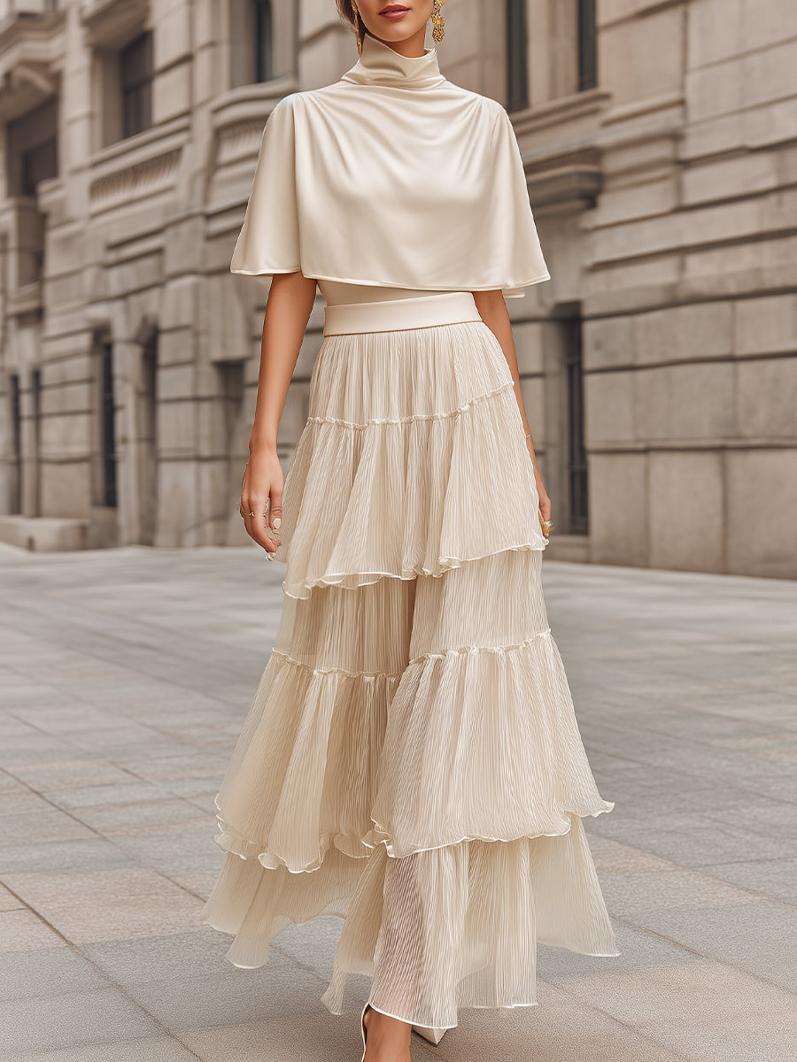 High-Waisted Tiered Pleated Maxi Skirt