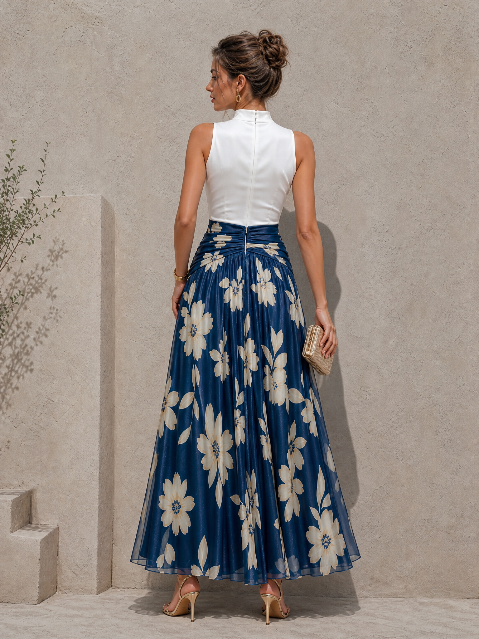 Navy Floral Two Piece Formal Set Satin Top Flowy Maxi Skirt